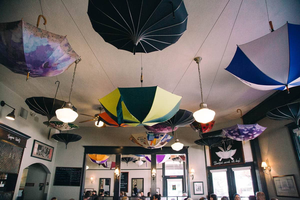 umberellas hanging from the ceiling inside Marco's Cafe in Portland, Oregon