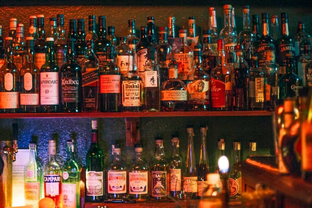 shelves full of liquor bottles at McMenamin's Kennedy School in Portland