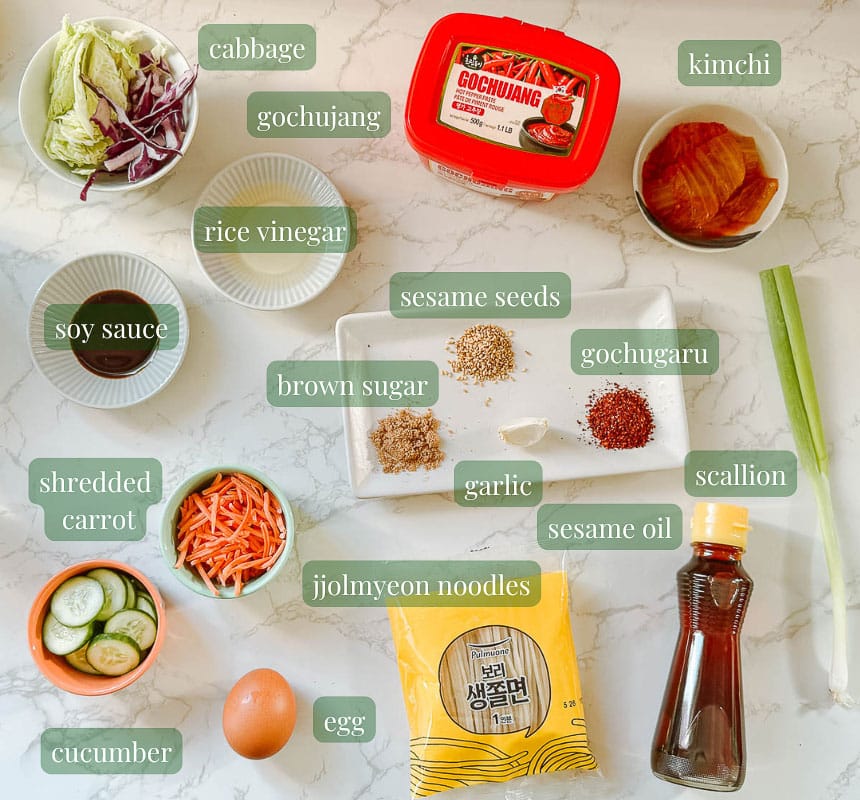 bibimmyeon ingredients (veggies, noodles, gochujang, etc.)