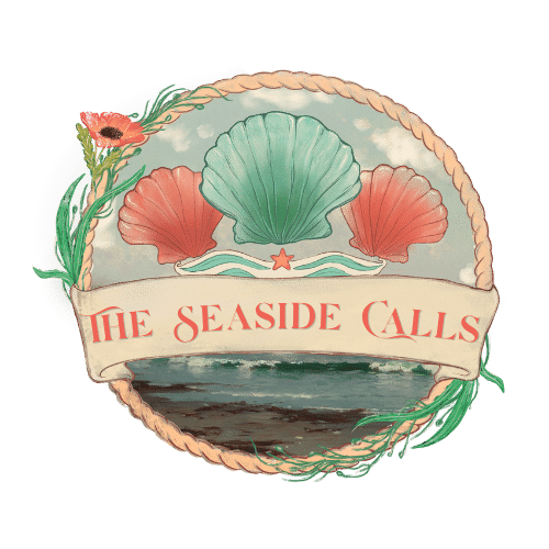 the Seaside Calls logo - a circular rope with floral accents containing 3 seashells, a banner with site name, and ocean scene in background.