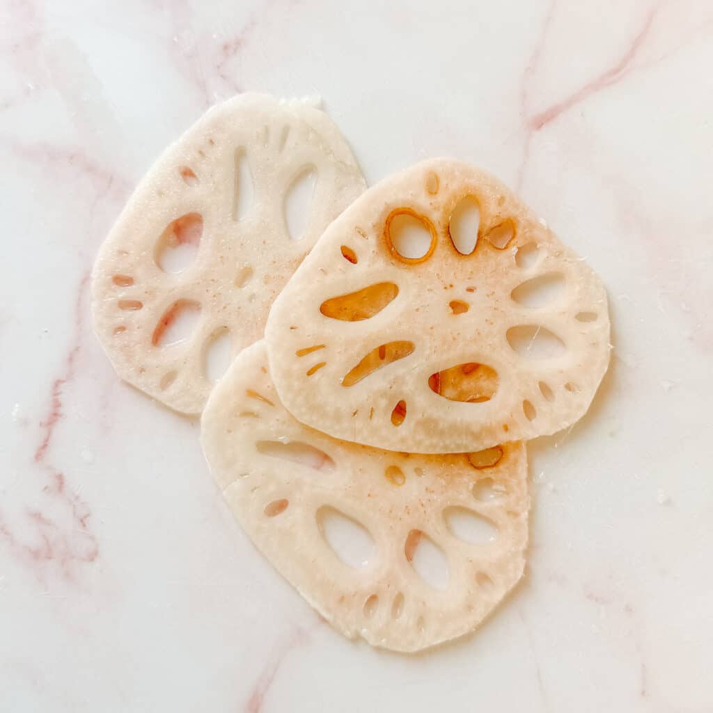 thin mandoline-sliced lotus roots.