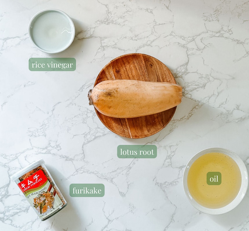 lotus root chips ingredients (renkon, oil, vinegar, furikake).