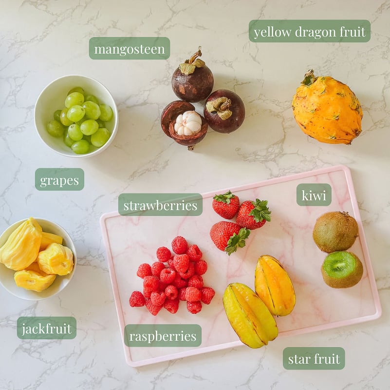 fruit ingredients for coconut milk sago (grapes, berries, kiwi, jackfruit, mangosteen, etc.)