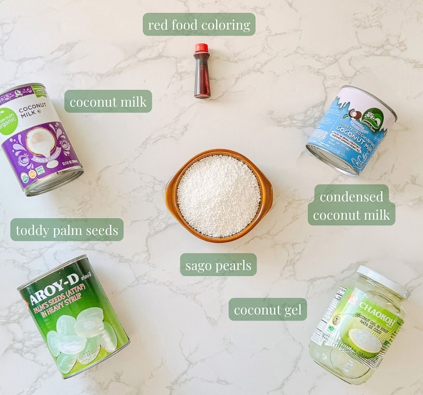 coconut milk sago base ingredients (sago pearls, coconut milk, food coloring, etc.)