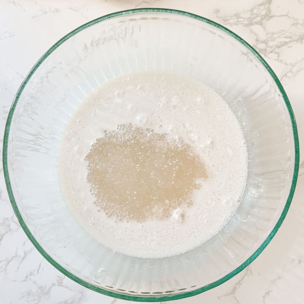 sago pearls added to coconut milk before stirring.